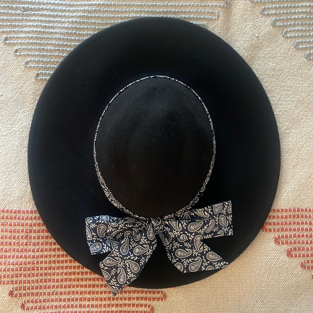 World Market 100% Wool Black Wide-Brim Hat with Paisley Band